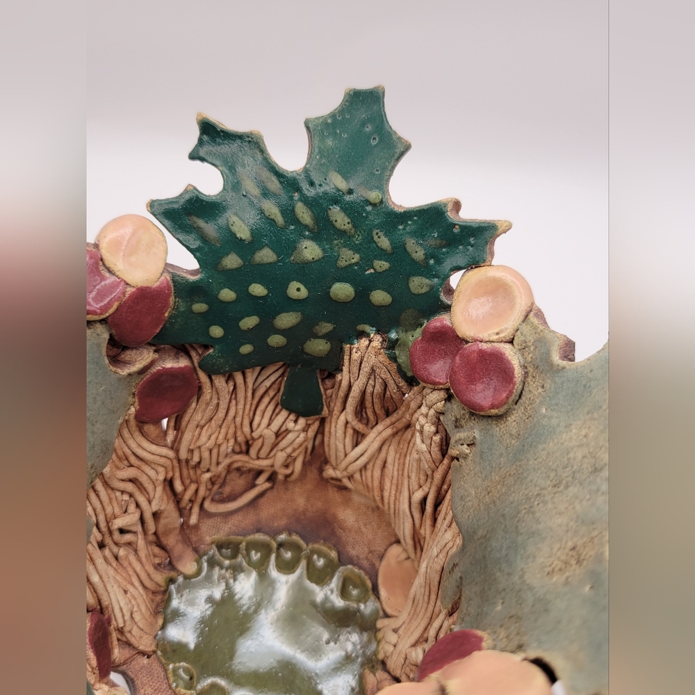 Handmade Art Pottery Candle Holder. Artist Signed. Woodland Design. - Picture 2 of 13